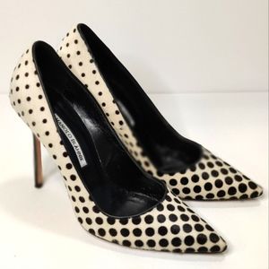 Manolo Blahnik Black and White Polka Dot Pony Hair Pumps Sz 38